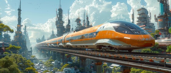 Wall Mural - A dynamic illustration of a high-speed maglev train gliding through a technologically advanced city. 