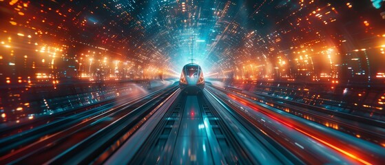 Wall Mural - A dynamic illustration of a high-speed maglev train gliding through a technologically advanced city. 