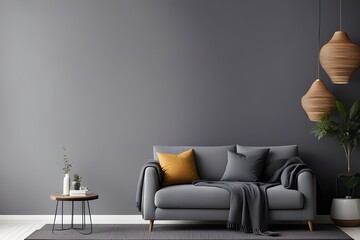 Modern living room interior, gray sofa on dark empty wall