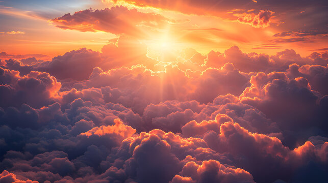 A beautiful aerial view of a dark cloudscape with sun rays peeking through, creating a picturesque and dramatic sunset sky. The camera is flying towards the black sky,...
