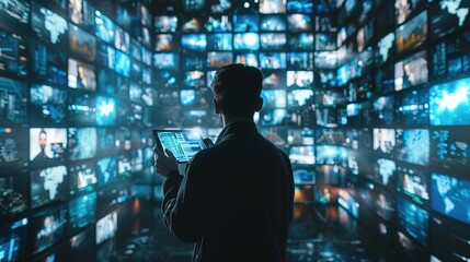 media library concept. man using virtual video gallery