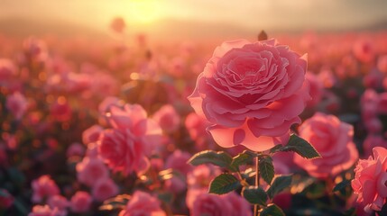 Poster - Pink Rose Garden at Sunset With Golden Light