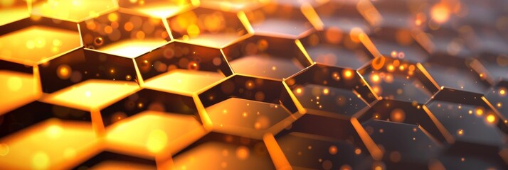 Poster - Abstract hexagonal grid with glowing golden particles, representing futuristic technology or digital design.