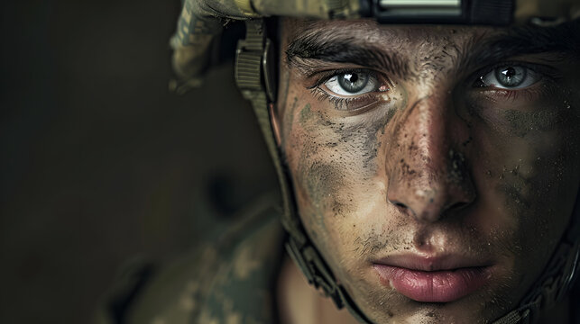 Confusing what is real. Close up portrait of young male soldier. Man in military uniform on the war. Depressed and having problems with mental health and emotions, PTSD, rehabilitation.
