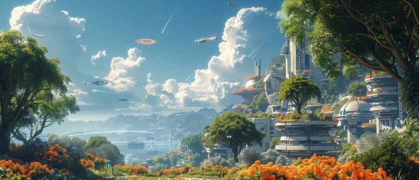 A scenic illustration of a futuristic park with robotic gardeners and solar-powered benches. 