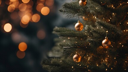 Wall Mural - Christmas tree with golden balls, lights and bokeh background