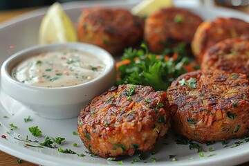 Wall Mural - Close-up of healthy vegetable patties served with a creamy dipping sauce on a table