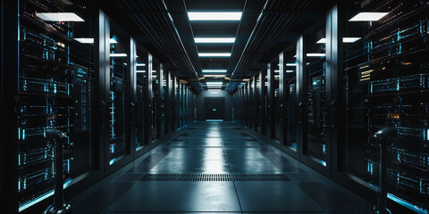 Dark data center with illuminated server racks