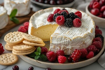 Brie Cheese A wheel of creamy Brie cheese with a wedge cut out, showing the soft interior. Served with crackers and fresh fruit. 