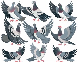 Wall Mural - Angry pigeon cartoon modern illustration on white background. Modern illustration set icon of animal dove. Isolated cartoon icon of pigeon.