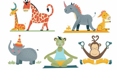 Wall Mural - Fitness and healthy lifestyle modern illustration set of funny animals doing sport.