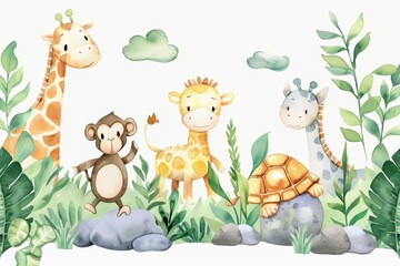 Wall Mural - There are giraffes, turtles, leopards, Zebras, monkeys, clouds, plants, mountains, all painted with watercolors on an isolated background.