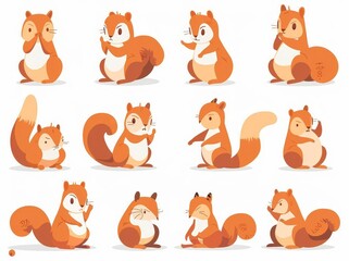 Wall Mural - Animated cartoon squirrels with red furry tails, mammals, fluffy brown squirrels. Forest fauna, funny wildlife stickers collection. Illustrations of happy cubs.