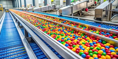 Wall Mural - A conveyor belt carries rows of colorful, freshly-made candies through a modern candy factory, candy factory, confectionery, production, manufacturing, conveyor belt, sweets, chocolate