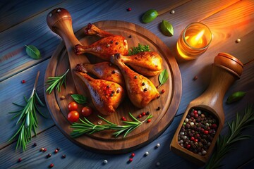 Grilled chicken legs and vegetables with spices on a wooden board , food, grilled, chicken, legs, vegetables, spices, wooden board, delicious, healthy, savory, meal, barbecue, dinner