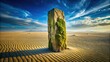 © tammanoon - A weathered, moss-covered alien monolith, fractured and crumbling, stands half-buried in the sand of a desolate desert, its once smooth surface now marred with cracks and gouges