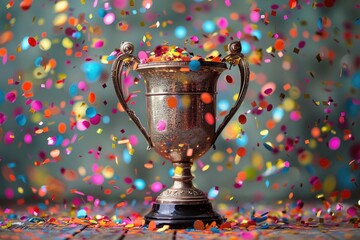 Trophy cup with colorful confetti