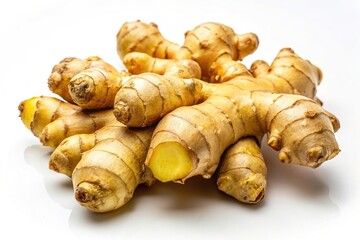 Wall Mural - A close-up view of fresh ginger root on a white background, showcasing its knobby, fibrous texture and vibrant yellow flesh, ginger, root, fresh, organic, spice, ingredient, food, healthy