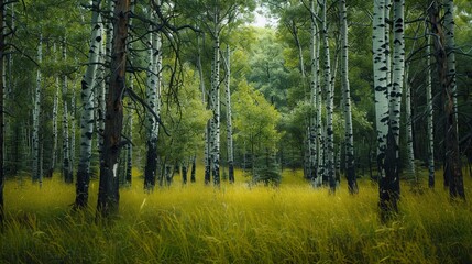  Trees closely packed in a dense forest, with tall blades of grass swaying below, capturing the raw essence of wilderness