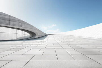 Poster - The modern concrete giant earth arc building has a clean and bright sky background with the ground.