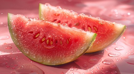 Sticker - Fresh Watermelon Slices on Pink Background With Water Droplets