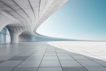 Poster - The modern concrete giant earth arc building has a clean and bright sky background with the ground.
