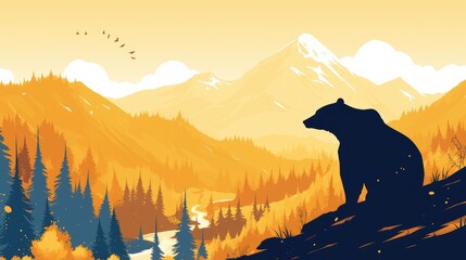Wall Mural - Illustration of a bear s silhouette set against a backdrop of a flat forest