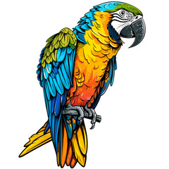 A colorful parrot is perched on a branch. The bird's bright colors and its position on the branch create a sense of liveliness and energy