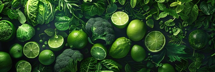 Wall Mural - Green Fruit Banner Layout Featuring Fresh Vegetables and Healthy Herbs