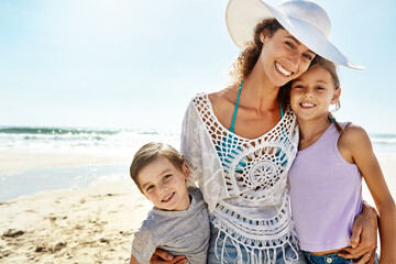 Poster - Portrait, hug or mother and children at a beach for summer, fun and bonding in nature together. Happy family, face and woman with kids at ocean for travel, journey and adventure on Florida vacation