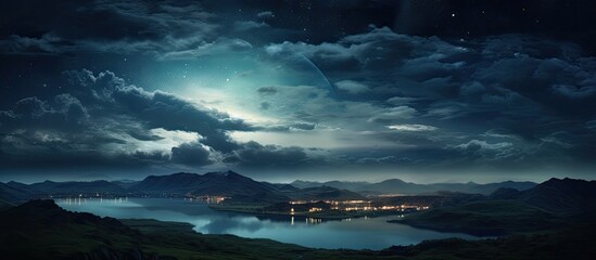 Wall Mural - a tranquil evening sky adorned with stars over a frozen lake with snow-covered rocks, providing an e