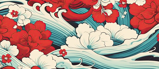 Wall Mural - Room with a wallpaper featuring a Japanese-style pattern; perfect for a warm, inviting atmosphere in a living space with a unique aesthetic. Copy space image. Place for adding text and design