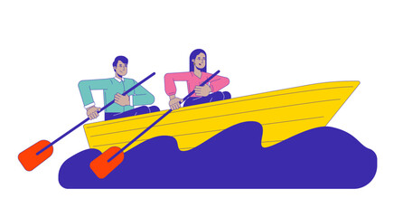 Wall Mural - Colleagues rowing boat across rough sea 2D linear cartoon characters. Businesspeople sailing isolated line vector people white background. Successful teamwork color flat spot illustration