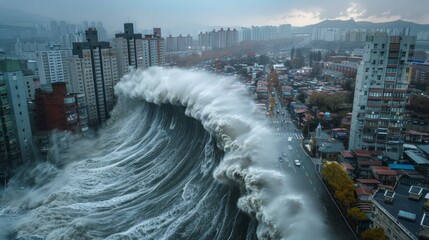 Liniya phenomenon, large waves hit the shore, destroying cities, roads and cars.