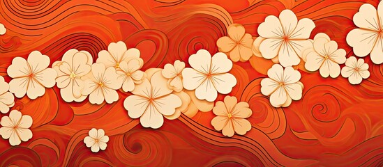Wall Mural - Room with a wallpaper featuring a Japanese-style pattern; perfect for a warm, inviting atmosphere in a living space with a unique aesthetic. Copy space image. Place for adding text and design