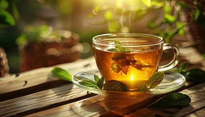 A cup of tea with mint leaves on top of a saucer