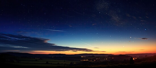 Wall Mural - Comet Neowise shines in the night sky above the lake, framed by ethereal Noctilucent clouds, creating a picturesque copy space image.