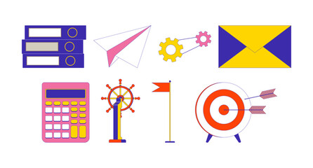 Poster - Office essentials 2D linear cartoon objects set. Stationery supplies isolated line vector elements white background. Business development strategy color flat spot illustration collection