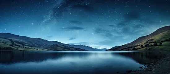 Canvas Print - A serene blue night sky in New Day featuring rivers, mountain silhouettes, stars, zodiacal light, and the Milky Way, creating a stunning copy space image.