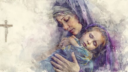 Wall Mural - Sixth Sorrow. Mother Mary cradling Christ's body. Watercolor cross in the backgound. Digital illustration