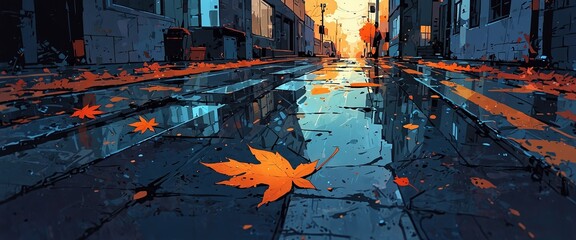 an autumn leaf laying in a wet street, in the style of captivatingly atmospheric cityscapes, lo-fi aesthetics. Anime style