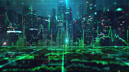 Wall Mural - modern financial stock market background in the style of green trading chart and cityscape