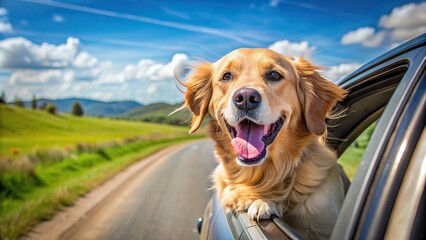 A happy golden retriever with its head and paws sticking out of a rolled down car window, tongue lolling, ears flapping in the wind, enjoying a summer road trip, happy dog