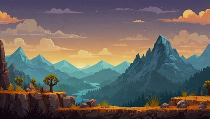 Mountain level background asset, rocky terrain and cliffs, platformer game elements. 2d style