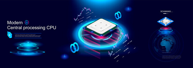 Poster - powerful multi-core processor for computer on futuristic background with neon hologram. isometric di