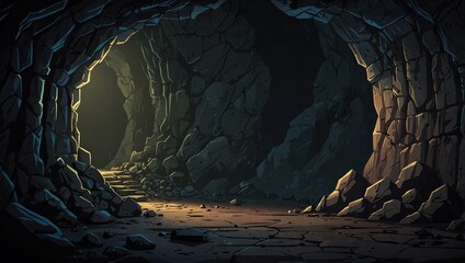 Path is crossing the dark cave game background tillable horizontally, dark terrible empty place with rock walls in side view, dangerous dungeon illustration,. 2d style