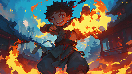 Wall Mural - a boy is practicing learning fire magic