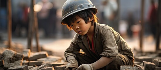 Children working in an industrial setting, representing World Day Against Child Labour with a copy space image.