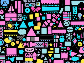 Wall Mural - Seamless pattern of neon geometric shapes on a black background