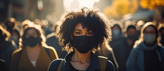 Wall Mural - Millennials with signs promoting human rights, anti-racism, and social equality gathered in a peaceful demonstration, featuring a copy space image of masked individuals